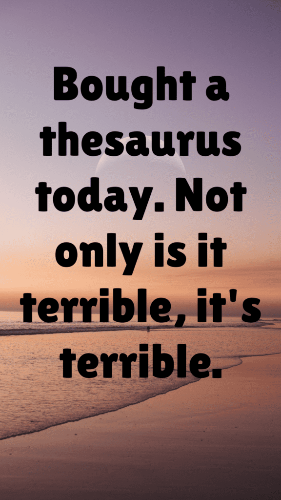 "Bought a thesaurus today. Not only is it terrible, it's terrible."