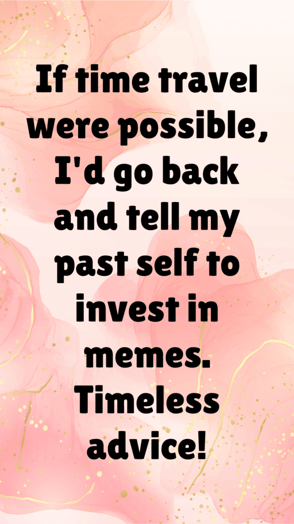 "If time travel were possible, I'd go back and tell my past self to invest in memes. Timeless advice!"