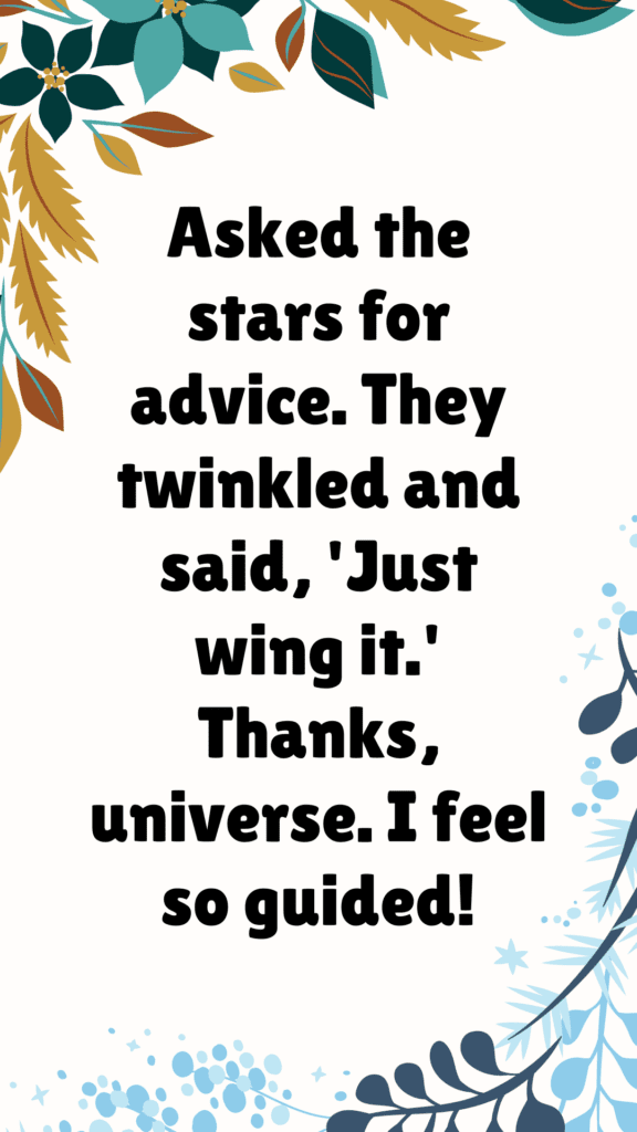 "Asked the stars for advice. They twinkled and said, 'Just wing it.' Thanks, universe. I feel so guided!"