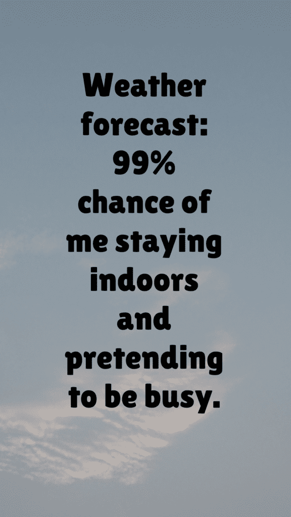 "Weather forecast: 99% chance of me staying indoors and pretending to be busy."